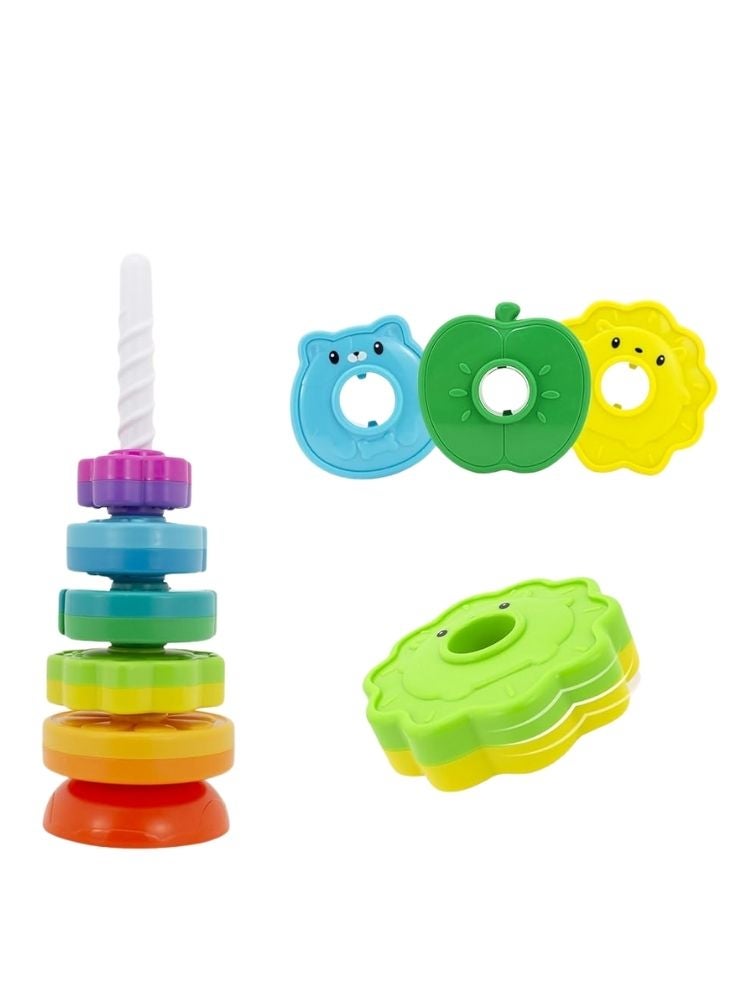 بريميم لعبة حلقات مونتيسوري الملونة القابلة للتكديس مع عمود حلزوني دوار - لعبة لتمييز الألوان، وتنسيق حركة اليد والعين، وتنمية المهارات الحركية - Image 2